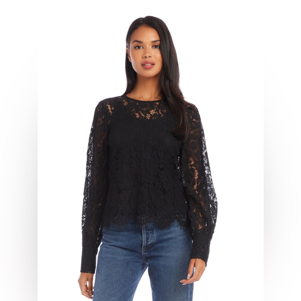 NWT Fifteen Twenty Lace Blouse Sheer Long Sleeve Valentine Black Size M